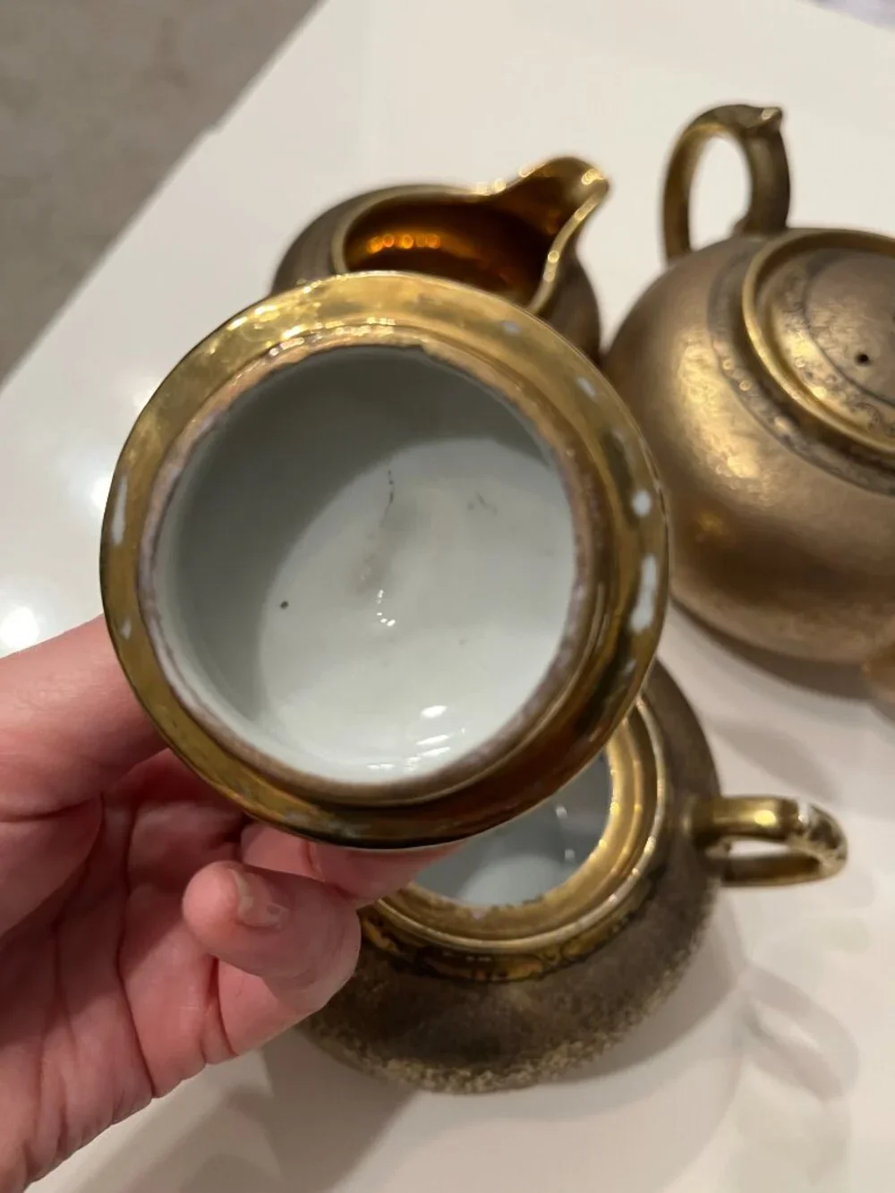 Vintage 3-Piece Japanese Encrusted Weeping Gold Porcelain Tea Set -